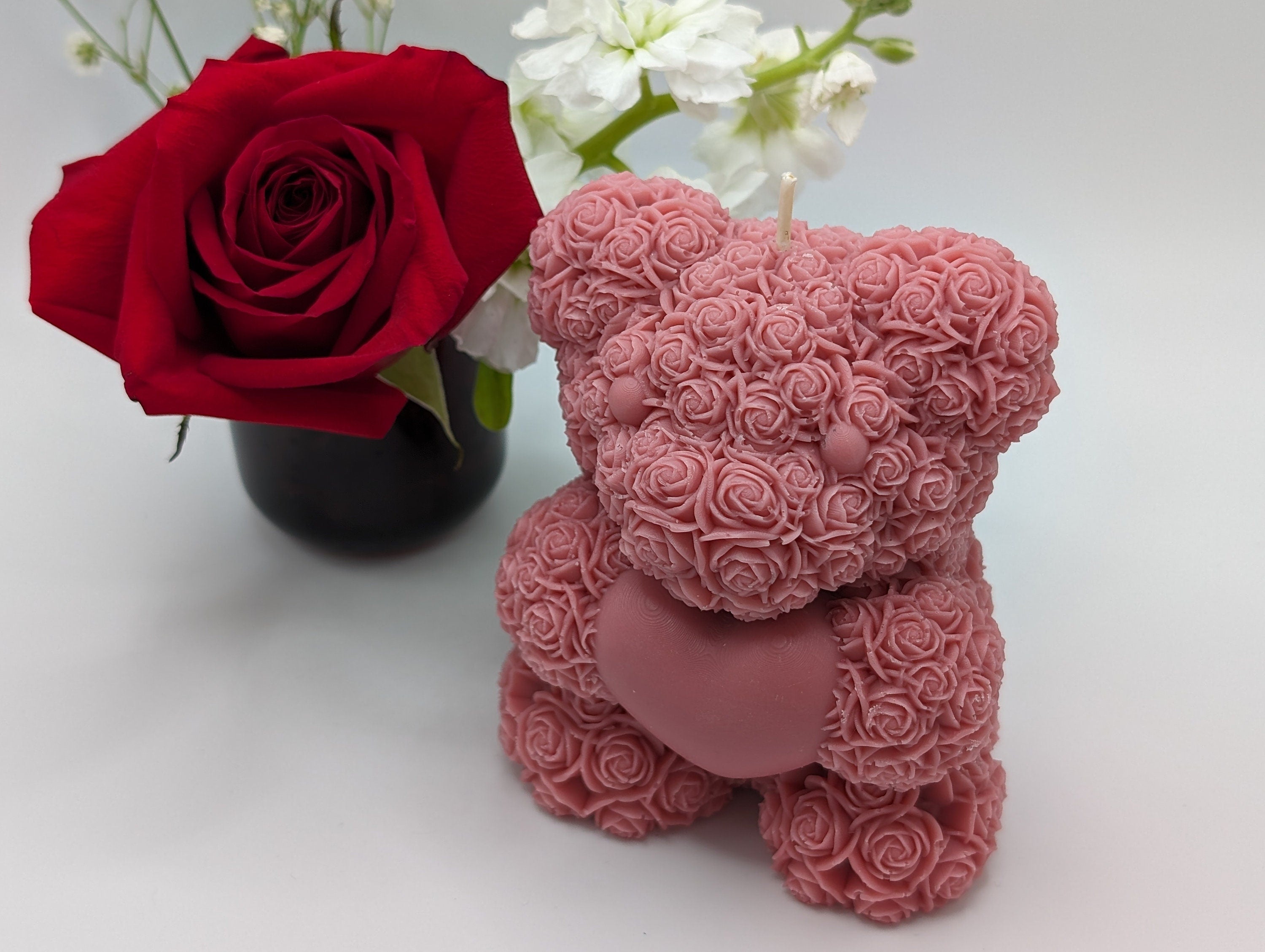 Rose Bear Heart Candle, Handmade Natural Soy Wax, Romantic Gift for Her or New Mom